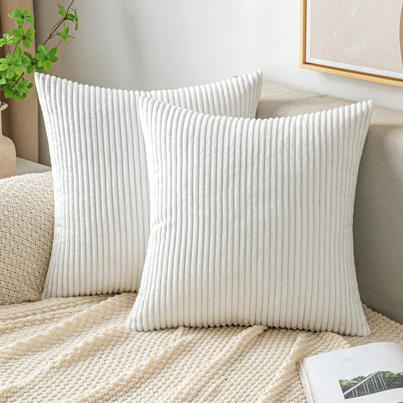 EMEMA Cushion Covers Corduroy Square Throw Pillow Covers Striped Soft Sham Home for Sofa Couch Bedroom Decorative Pillowcases 16x16 Inch 40x40cm Set of 2 Offwhite
