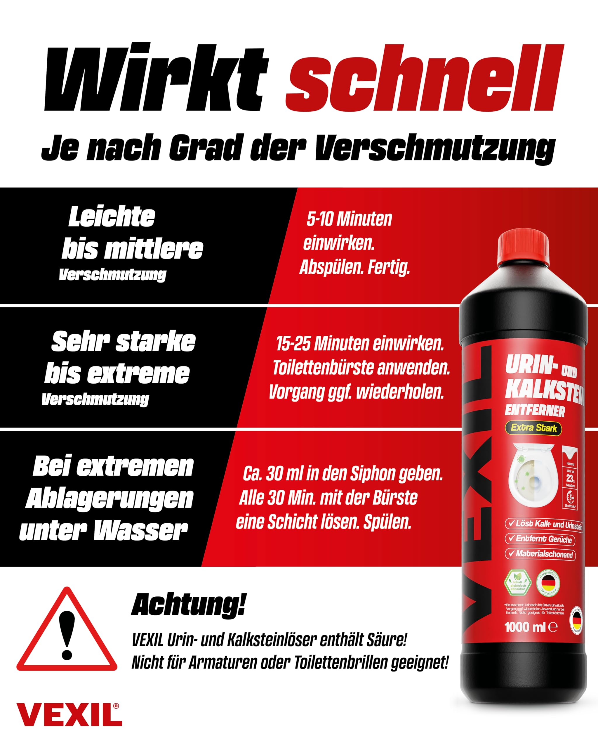 VEXIL® Urinsteinentferner EXTRA STARK - 1000 ml - entfernt mühelos hartnäckigen Urin- & Kalkstein - Profi WC-Reiniger - biologisch abbaubar - Urinsteinlöser Made in Germany 6