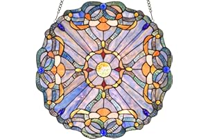 Bieye W10069 Baroque Tiffany Style Stained Glass Window Panel, Round Shape, 16 inches Wide