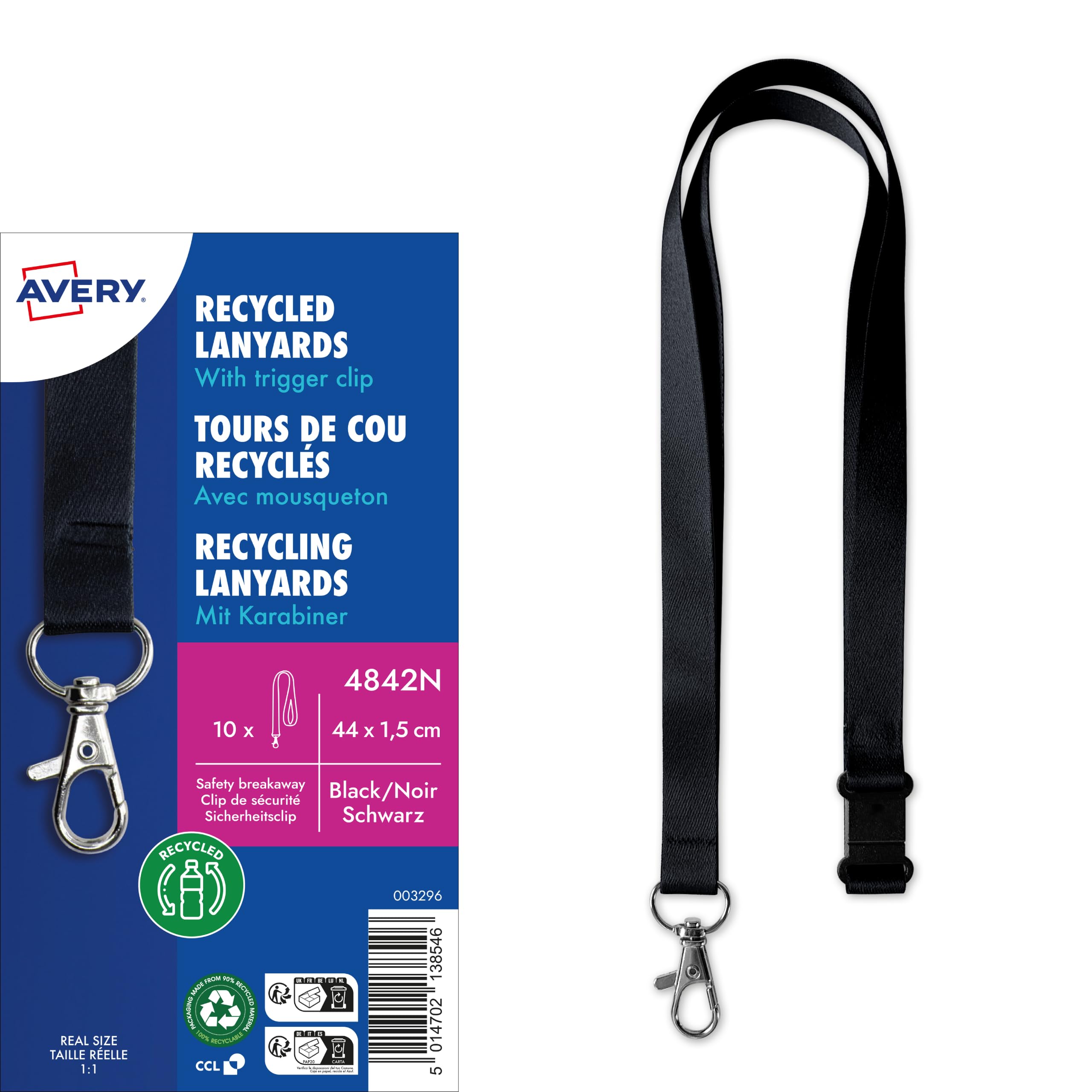Avery Recycled Lanyards with Trigger/quick release Clip - Pack of 10, Black, 4842N