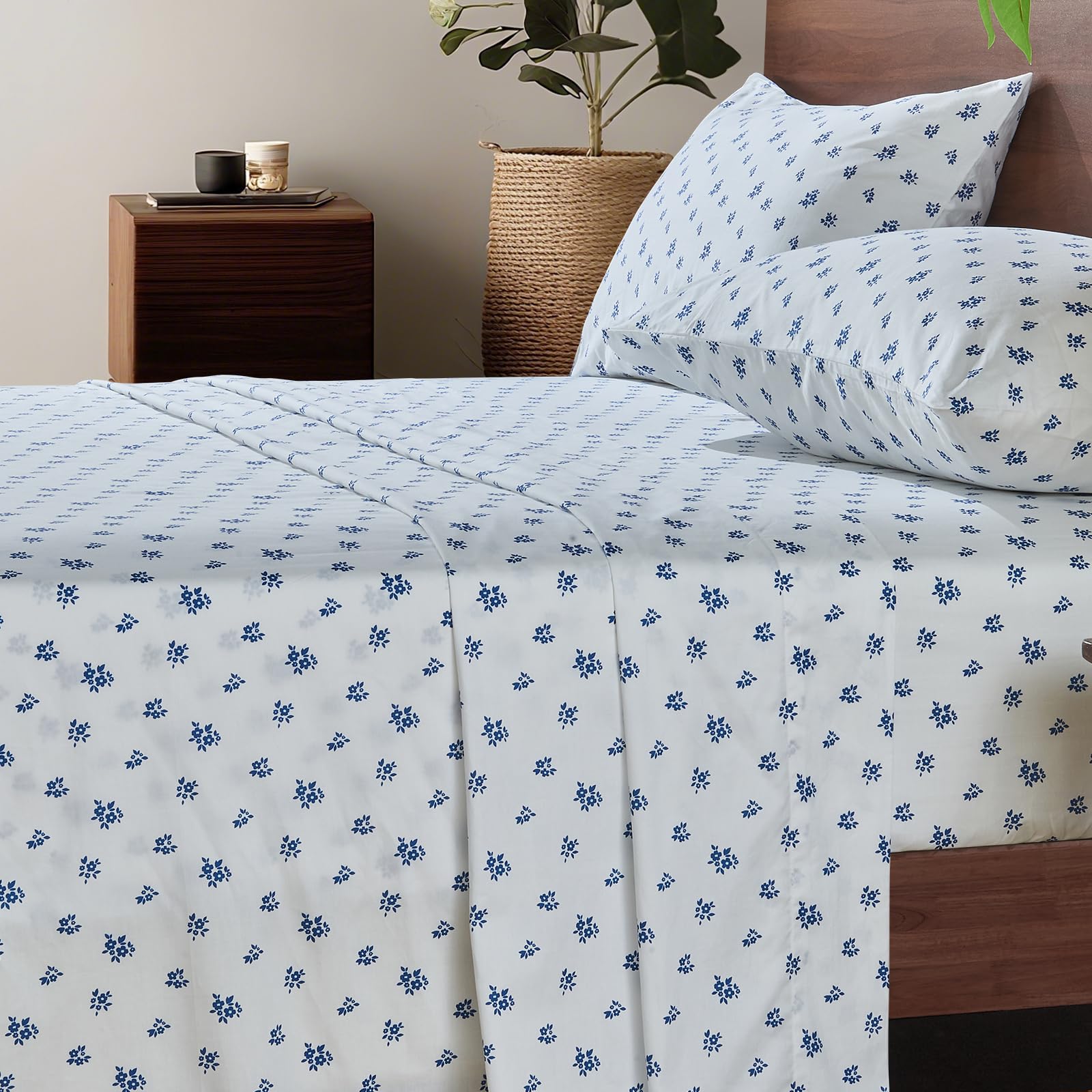 HYPREST 100% Cotton Sheets King Floral - Deep Pocket King Sheets Crispy Percale Bed Sheets Soft Breathable Durable Image