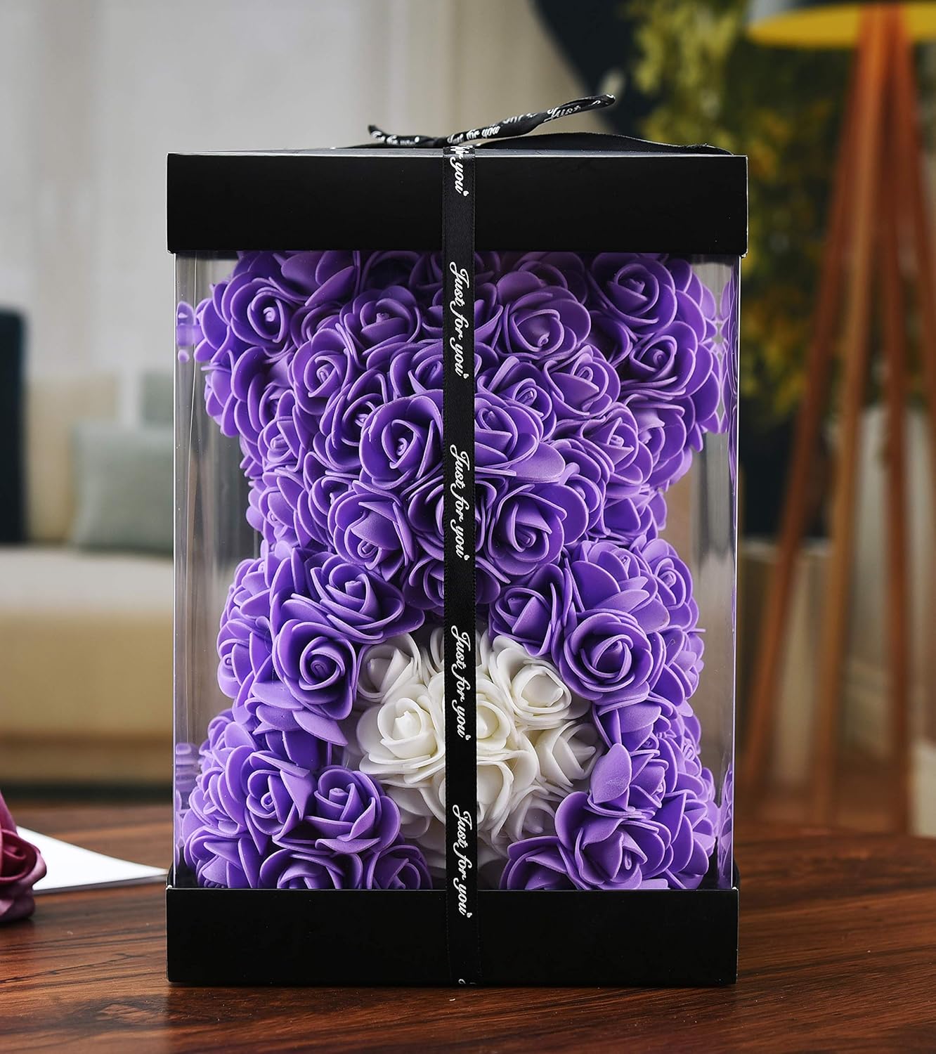 purple rose bear with box