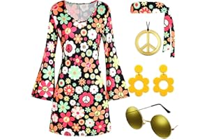 Deerjoke 60s 70s Disco Outfit Hippie Costume Women, 1970 Style Clothes Dress Peace Sign Accessories Jewelry Halloween