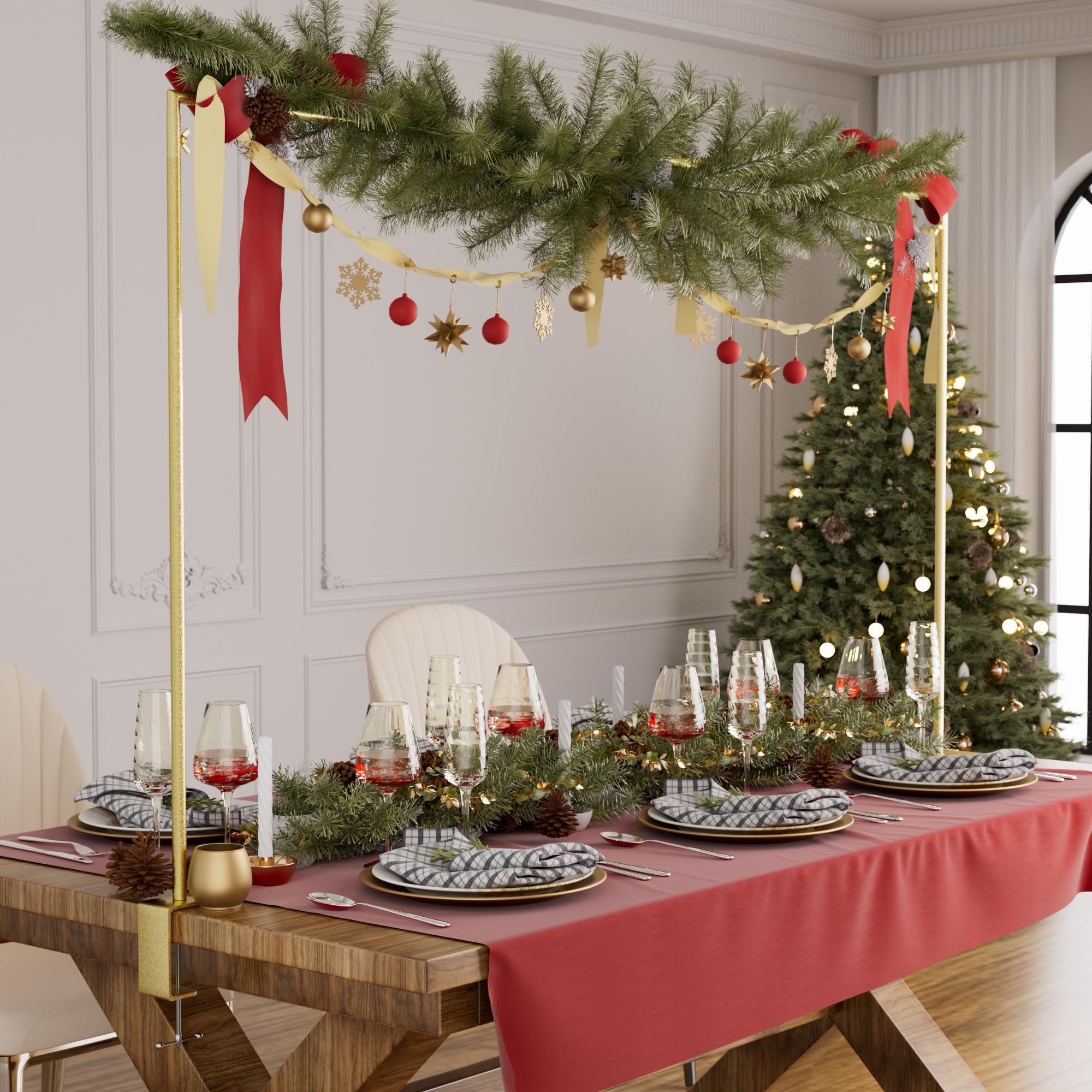 Photo 1 of XLHOMO Over The Table Rod Stand with Clamps, Adjustable 32''-79'' Tall 32"-131" Length, Gold Table Arch Stand Metal Balloon Frame Hanging Rod for Weddings Christmas Birthdays Garden Arbors Decoration