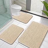 OLANLY Bathroom Rugs Sets 3 Piece, Soft Absorbent Chenille Bath Mats and U-Shaped Contour Toilet Rug, Quick Dry, Home Decor Accessories, Bath Mat Set for Bathroom (30"x20"+24"x16"+24"x20", Beige)