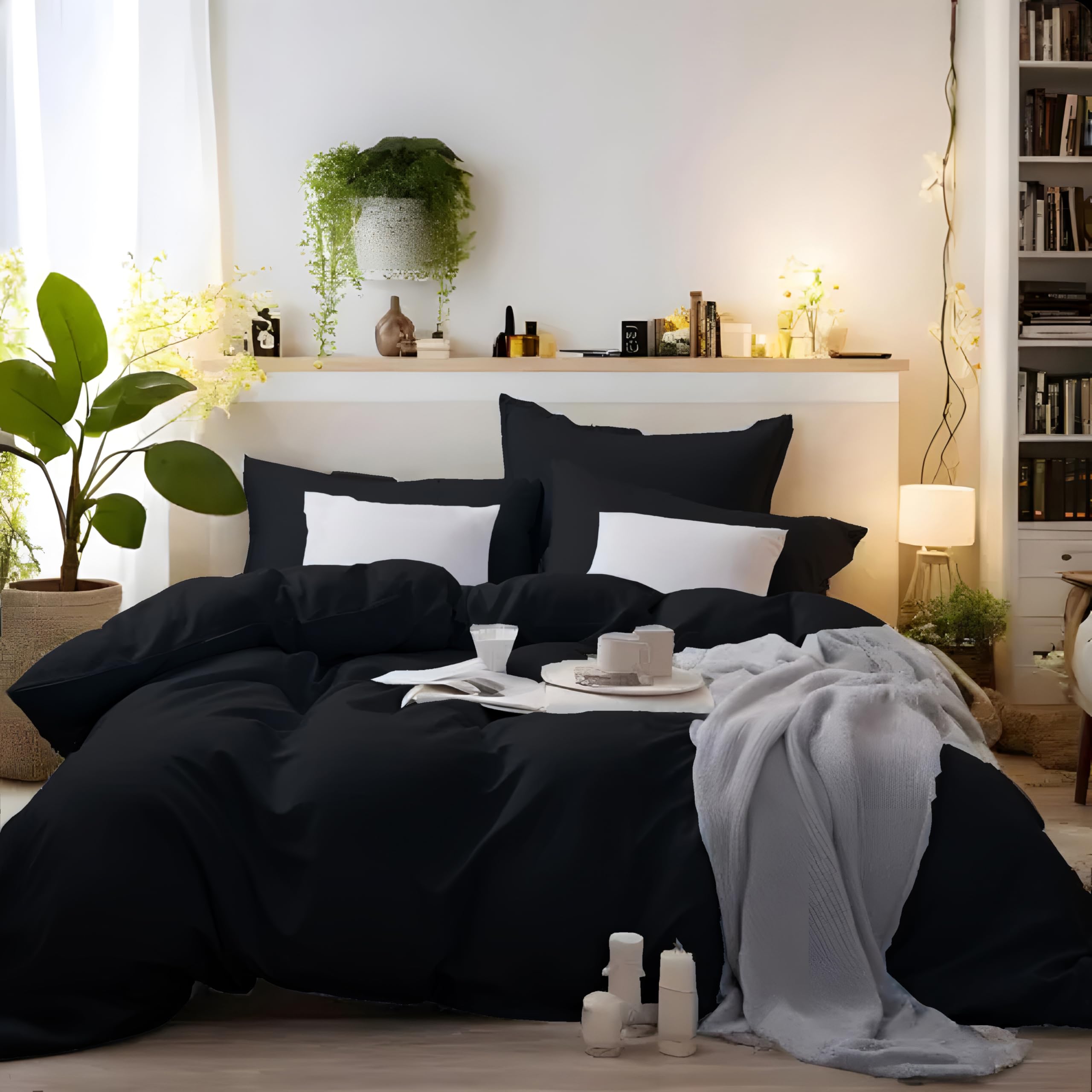 MOHAP Bedding Double Duvet Cover Set 3 PCS Plain Brushed Microfiber Bedding 1 Duvet Cover with 2 Zippers and 2 Pillowcases Black
