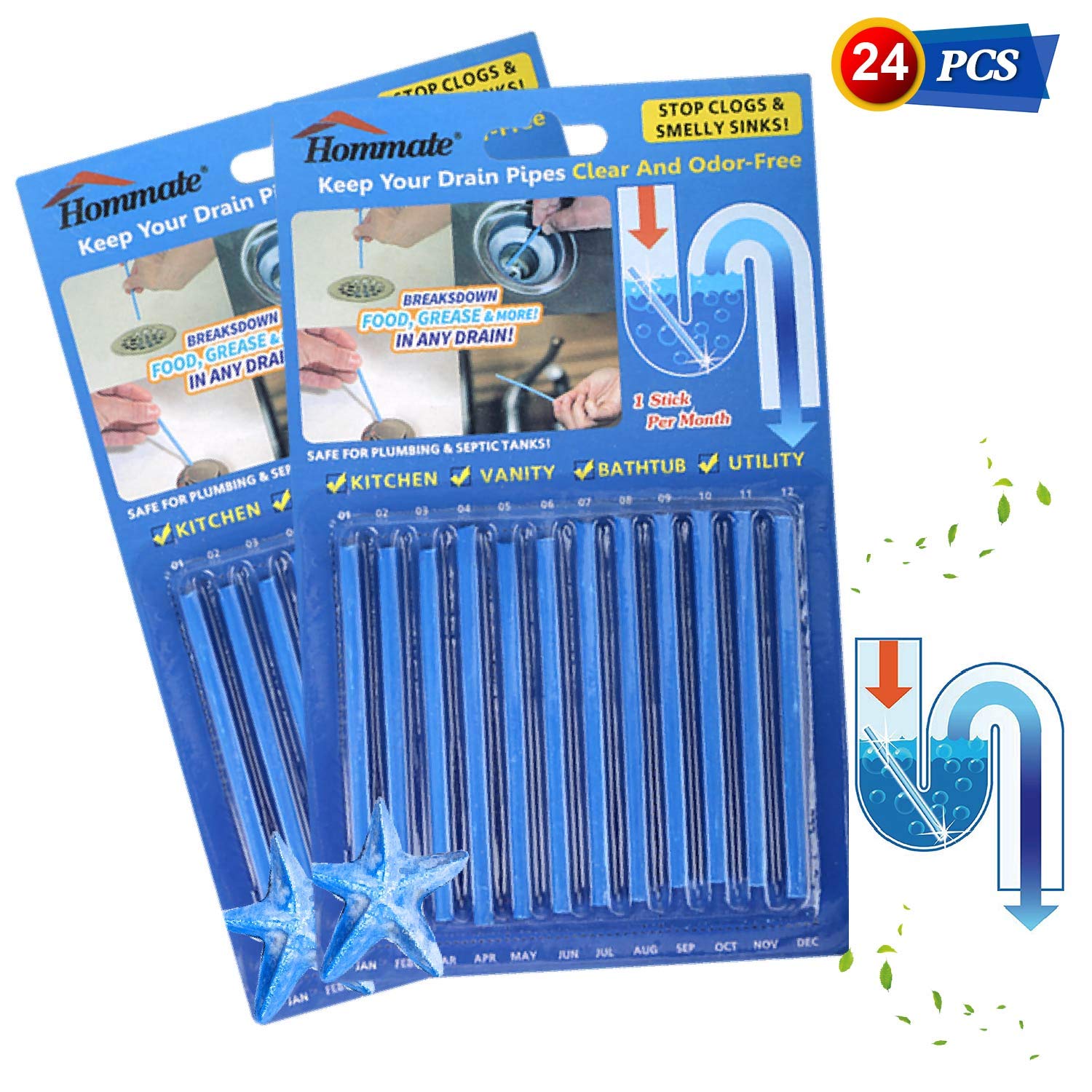 Sidith Drain Sticks, Sink Deodorizer (24 Pcs), Sink