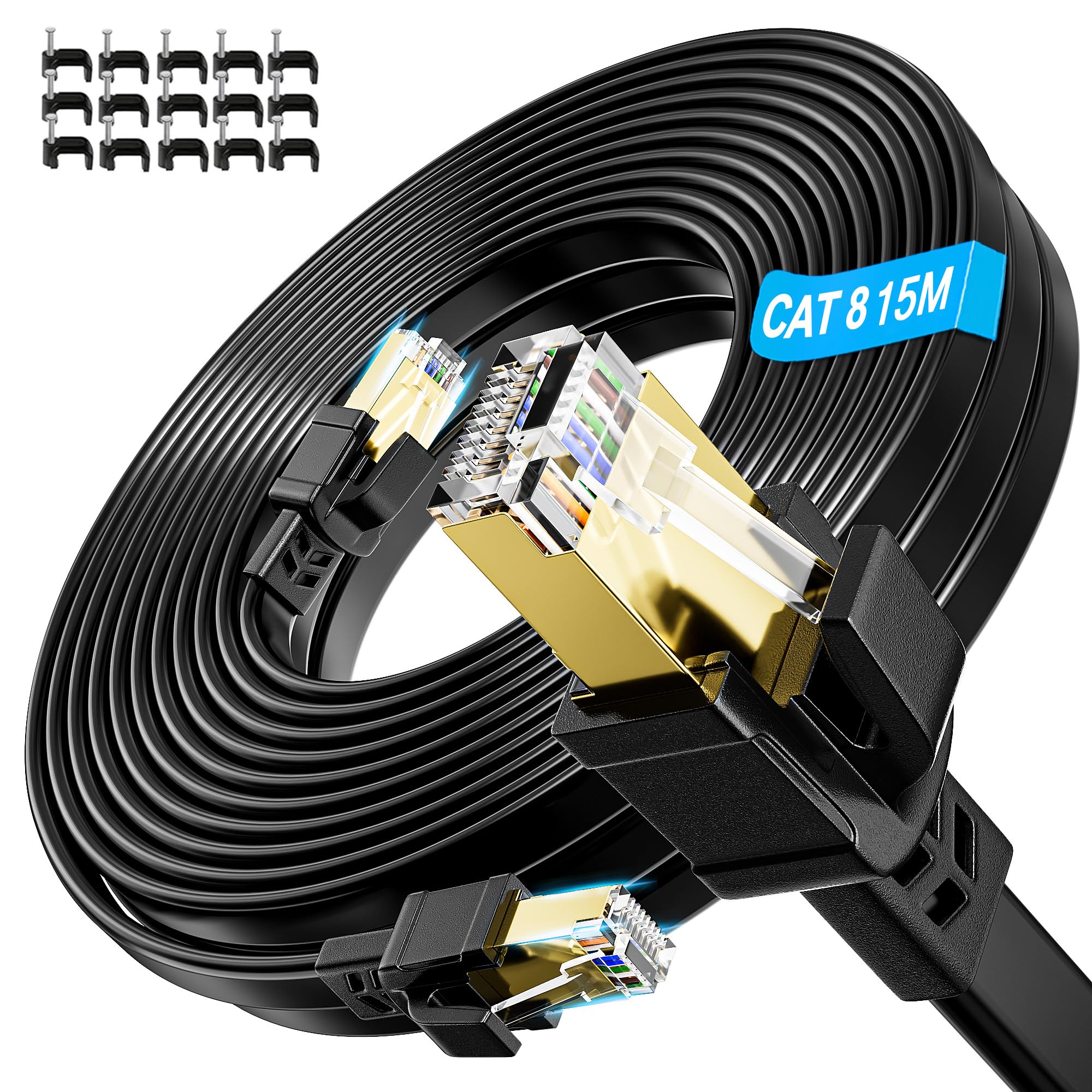 Soibke Cat 8 Ethernet Cable 15m, High Speed 40Gbps 2000MHz Internet Cable Flat Network Cable FTP Shielded Gigabit RJ45 LAN Cable Long Black Wlan WIFI Cable for Modem Router — image 1