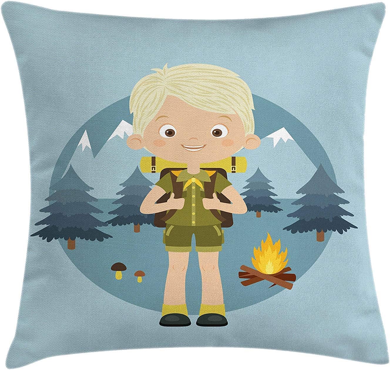 ziHeadwear Explore Throw Pillow Cushion Cover, Cartoon Boy Scout in The Forest with Mountains Trees Mushroom and Campfire Design, Decorative Square Accent Pillow Case, 18 X 18 inches, Multicolor