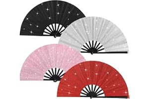 BRYCTSISEN 4 Pack Large Folding Fan Popping Fabric Fan Handheld Glitter Foldable Rave Fans for Line Dance Parties Outdoor Events Performance Decorations