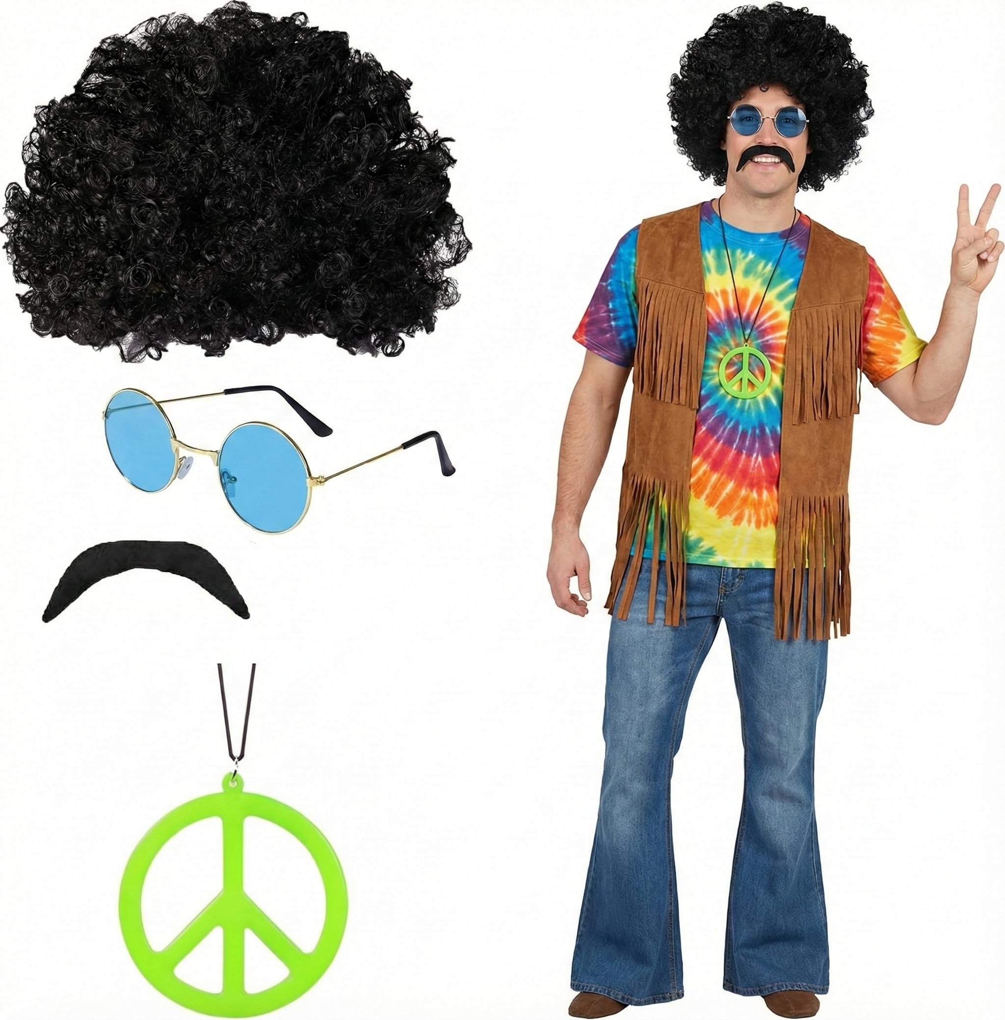 4pc Hippie Accessories for 70's Fancy Dress Men - Mens Hippie Costume Accessories Including Black Afro Wig, Peace Sign Necklace, Black Fake Moustache, Round Disco Glasses for 60s 70s Disco Fancy Dress