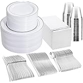 GATHER 700PCS Silver Plastic Plates - Silver Disposable Dinnerware Sets 100 Guest Include 200 Plates, 300 Silverware, 100 Napkins, 100 Cups For Wedding & Party
