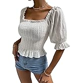 WDIRARA Women's Short Puff Sleeve Ruffle Hem Crop Tops Square Neck Shirred Blouses