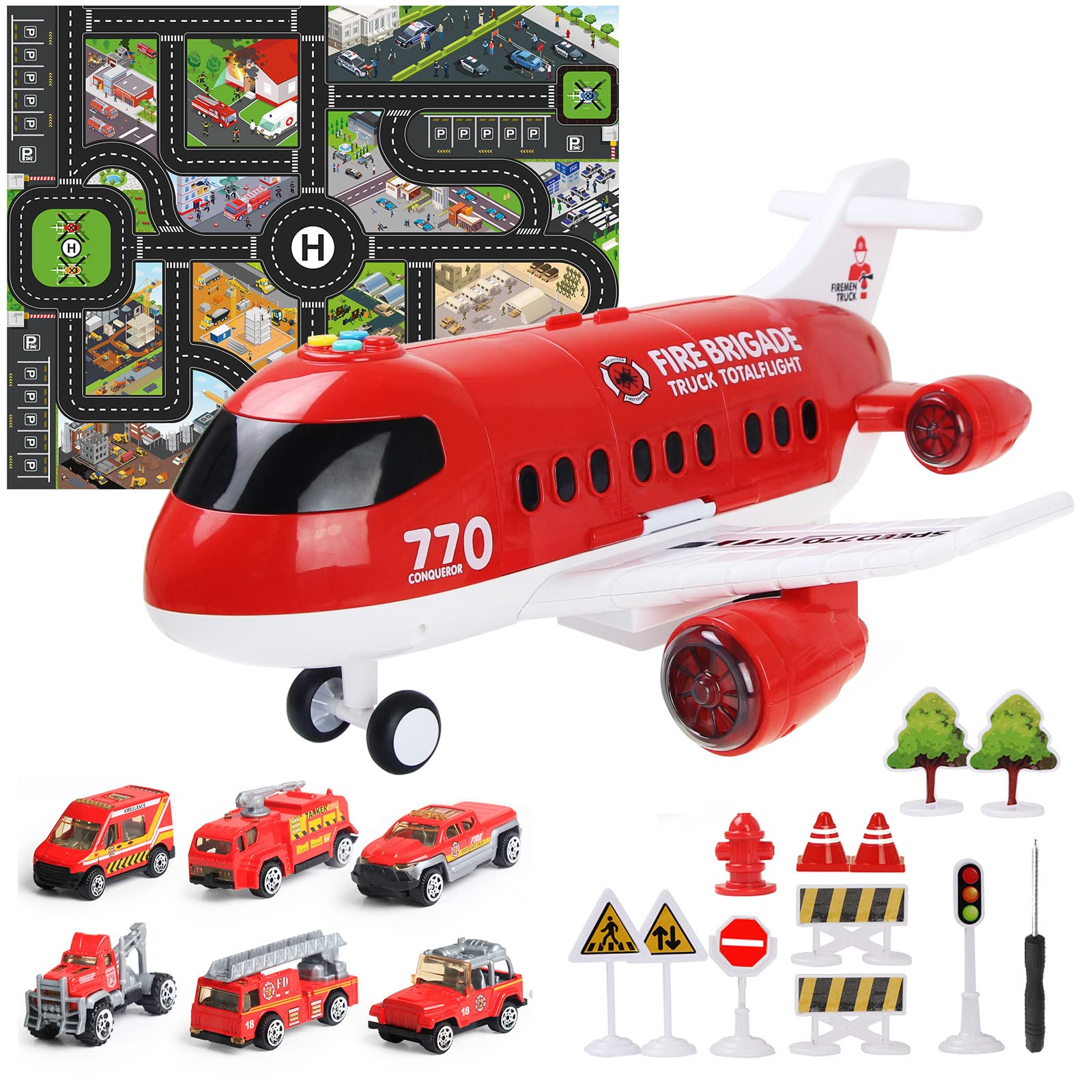 Coolplay Rescue Aiplane Toy Set Red Aircraft Mini Fire Truck Vehicles for Kids Gift Little Car Toy with Road Signs for Toddler 3 Years Old