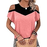 Hilinker Women's Cut Out Cold Shoulder Tops Summer Color Block Short Sleeve Sexy Shirts