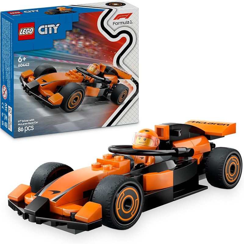 City Pilota e Monoposto McLaren F1 - Modello di Macchina Giocattolo da Formula 1 con Minifigure - Idea Regalo per Bambini e Bambine da 6 Anni in su o per Adulti Fan delle Auto da Corsa - 60442
