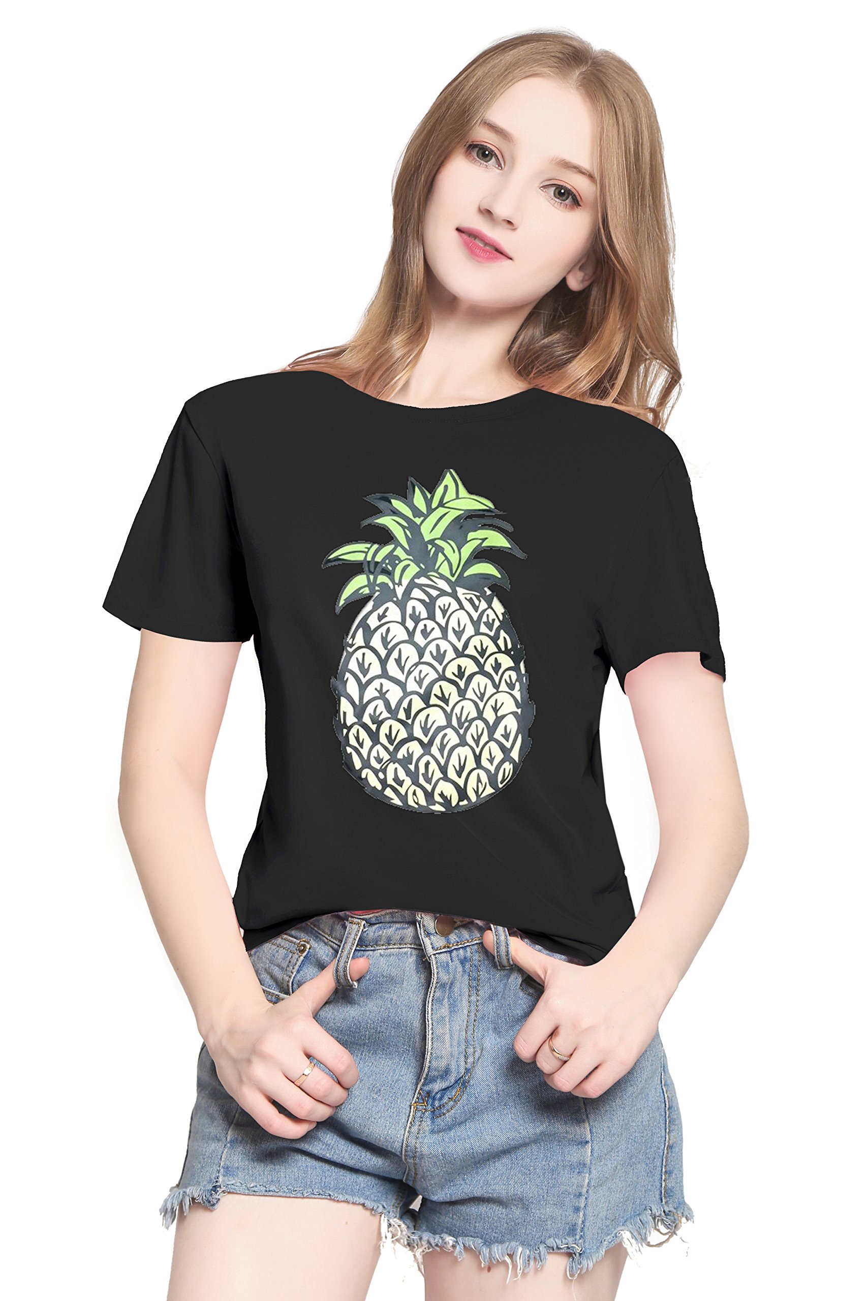PINJIA Womens Cute Letter Printed Graphic Funny Tshirts Top Tees(MX15) (Black Pineapple, Large)