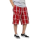 Shaka Mens Plaid Shorts Checkered Cargo Cotton Loose Fit Pocket S-5XL Solid (Medium, 1ks05_Red)