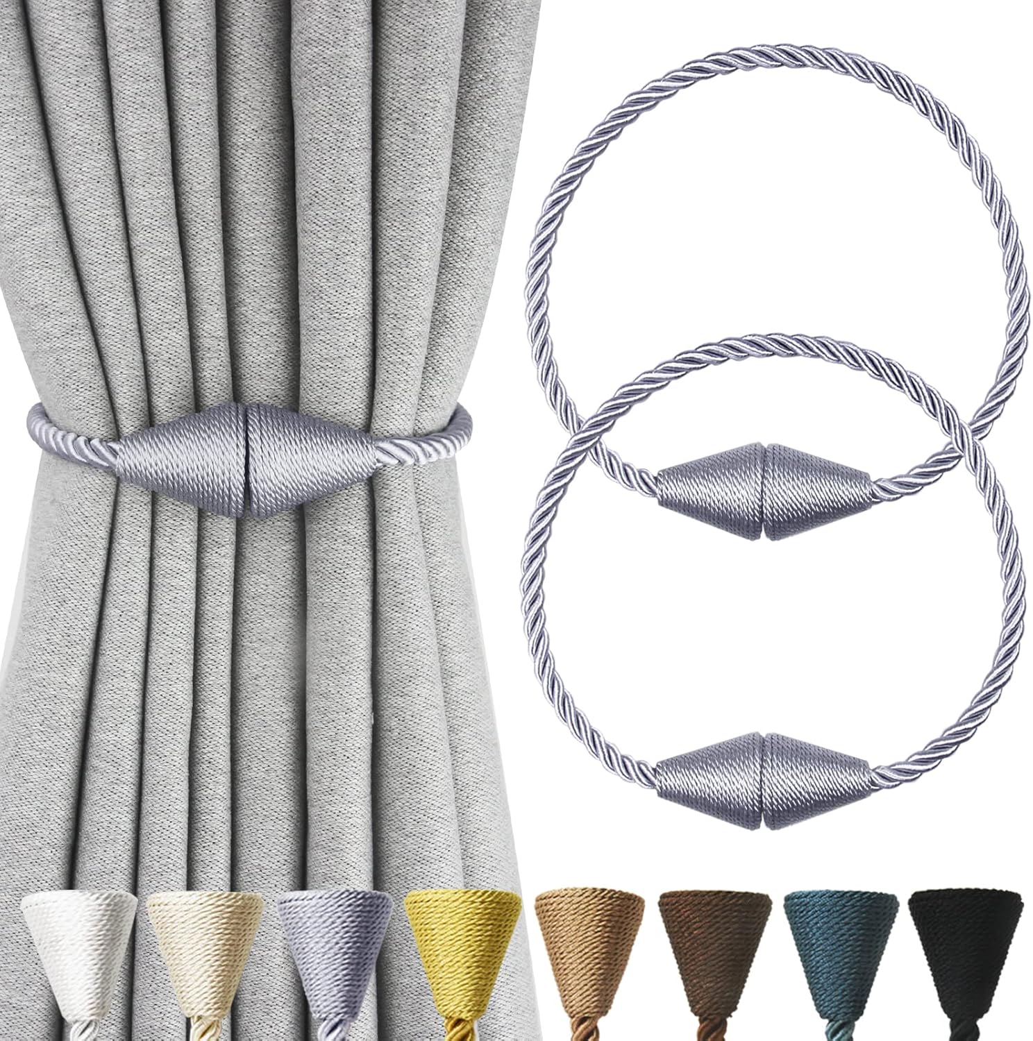 Window Treatment Hardware - Nieffeiy 2 Pack Magnetic Curtain Tiebacks Rope Modern Handmade Curtain Tie Backs Decorative Drapes Weave Holdbacks for Window Décor, Grey