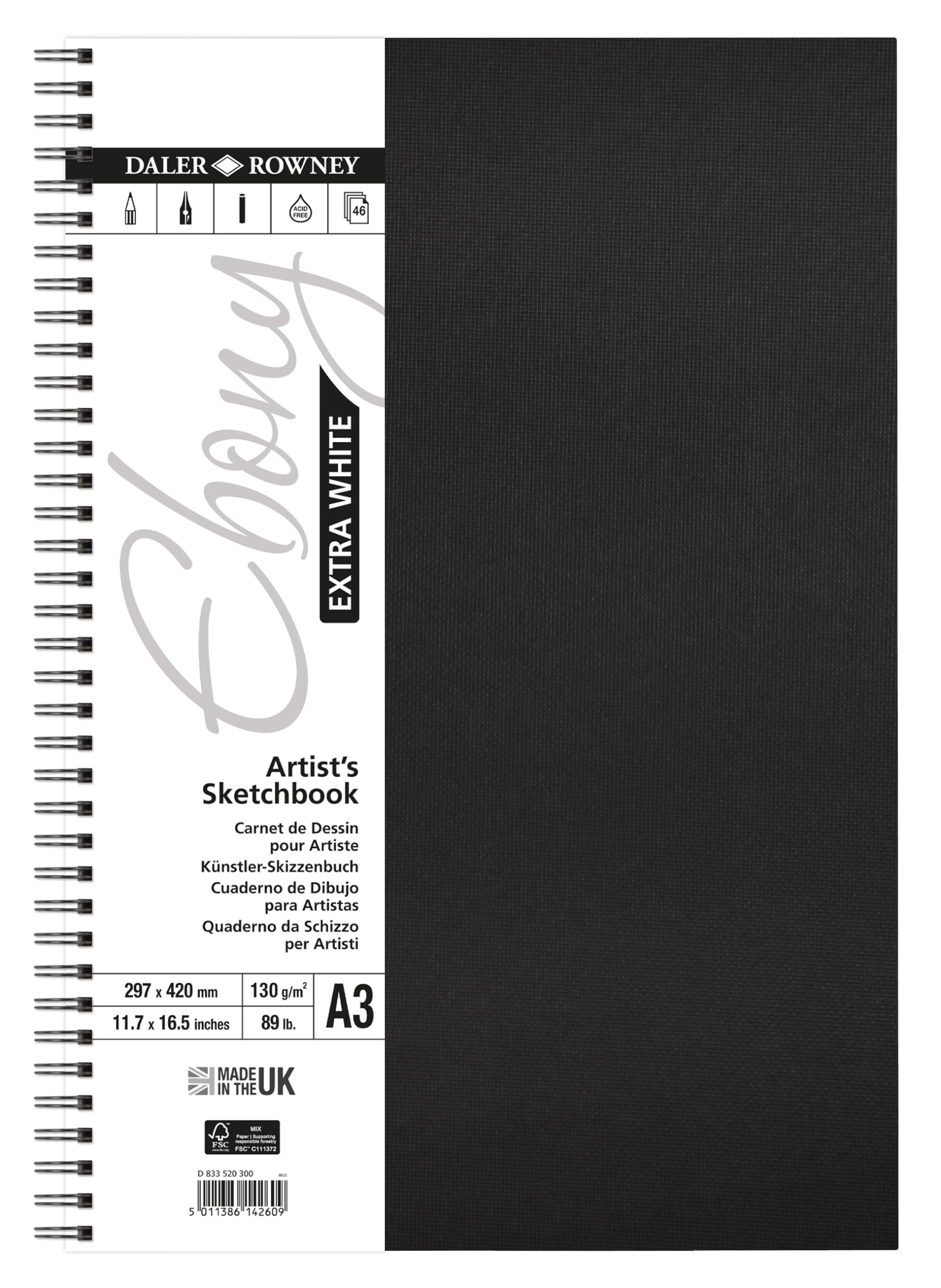Daler-Rowney Extra White Ebony 130gsm A3 Hardback Portrait Sketchbook, 46 White Sheets, Ideal for Professional Artists & Students