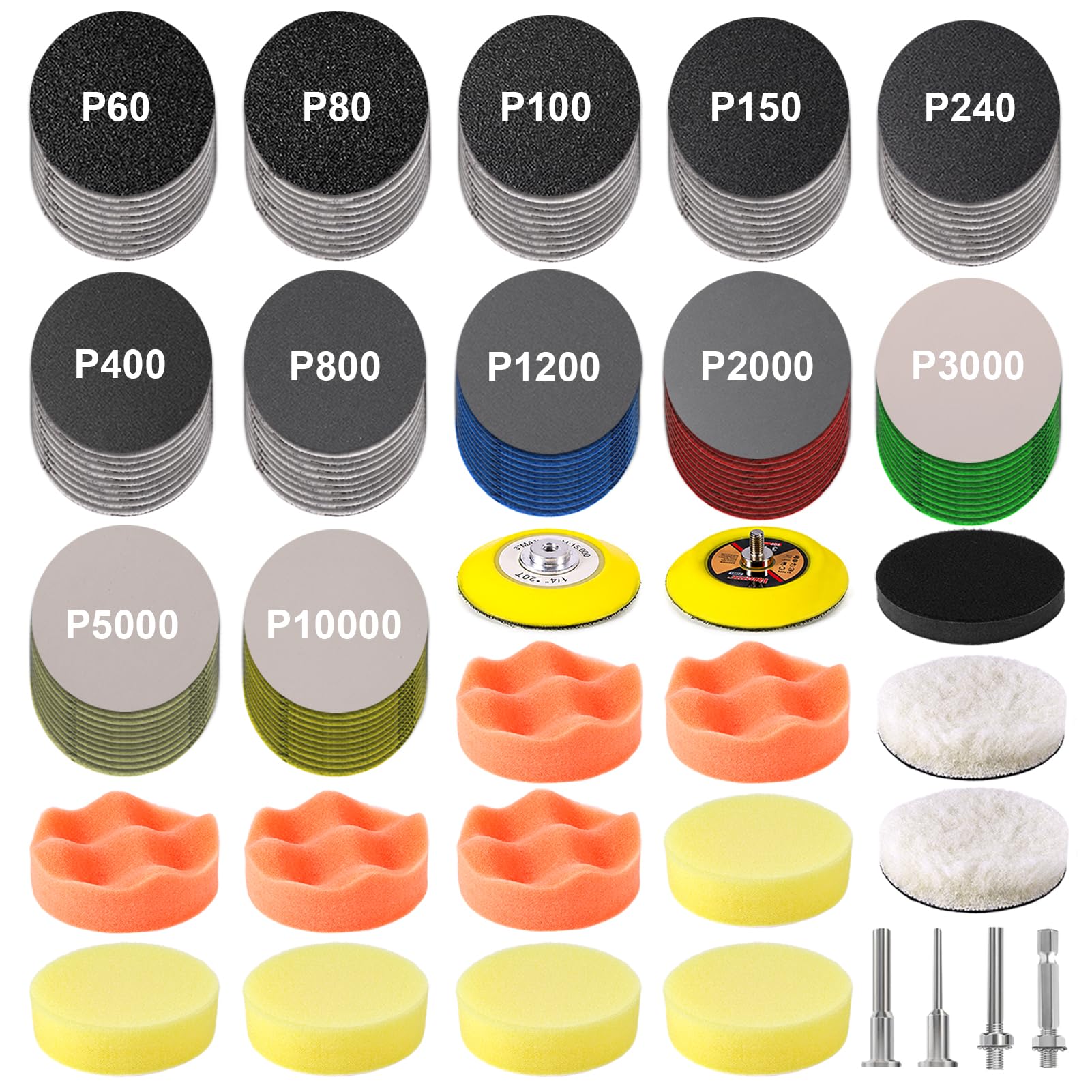 199 Pieces 3 Inch Sanding Discs, GOH DODD Headlight Restoration Kit Hook and Loop Sanding Pads 60 to 10000 Grit Wet Dry Sandpaper with 1/4“ 1/8" Shank, Backer, Polishing Pads and Interface Pad