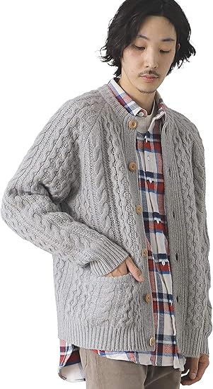 Amazon ビームスライツ ニット セーター モンゴルウール アラン カーディガン メンズ グレー L カーディガン 通販