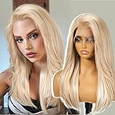 KOME Blonde Synthetic Lace Front Wig,13X6 Long Straight Layered Glueless Wigs for Women Daily Use 22IN