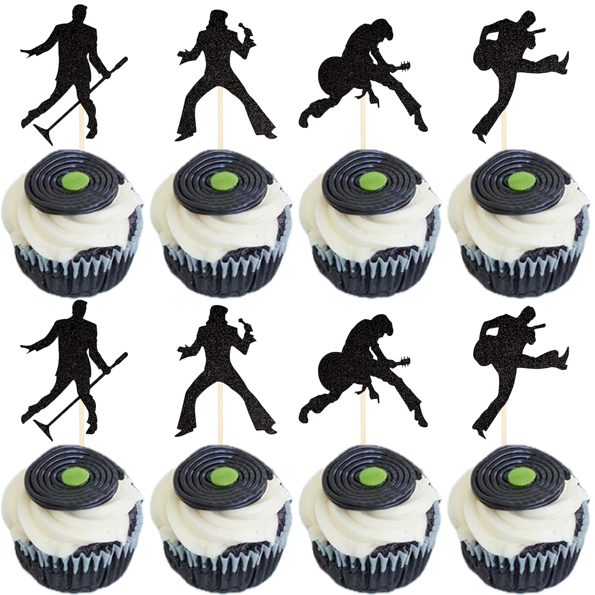 SYKYCTCY 24 Pack Rock Band Cupcake Toppers Black Glitter Rock Pop Music Theme Cupcake Picks Music Concert Theme Birthday Party Cake Decorations Supplies