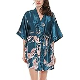 Algerc Women Kimono Robes Satin Dressing Gown Crane and Blossoms Sleep Lounge Nightwear Short Silk Bride Bridesmaid Robe
