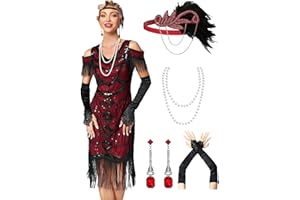 MTITE Great Gatsby Dresses 1920s for Women, Vintage Long Fringe Dress Roaring 20s Sequins Beaded Dress with Accessories Set