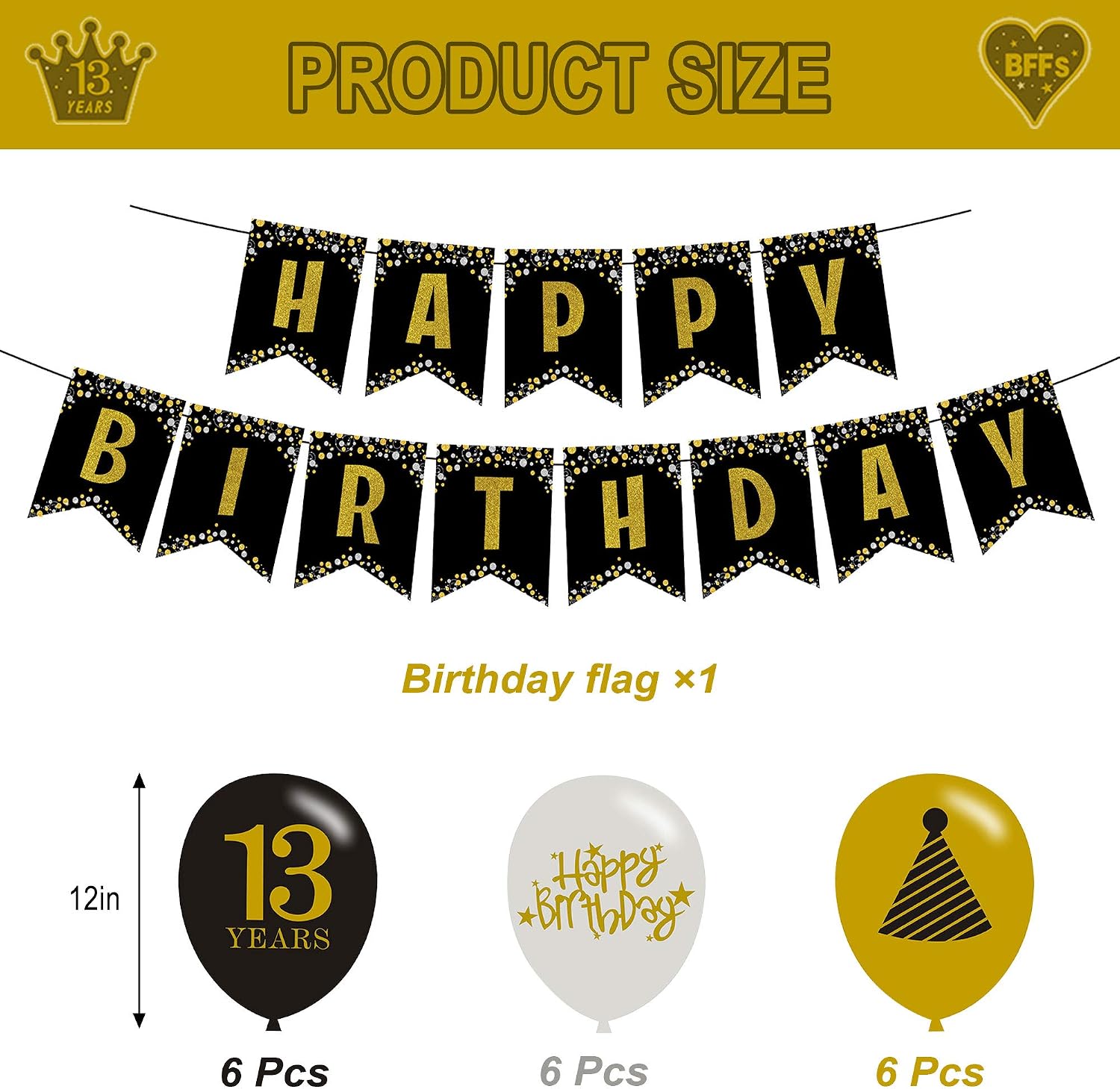 PHXEY 13. Geburtstag Deko-Set – Schwarz/Gold – Türbanner „Happy 13th“ & „Birthday“ – Robuste Oxford-Fahne – Für Jungen & Mädchen