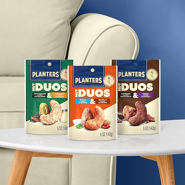 PLANTERS NUT DUOS, FLAVORED NUTS SNACK PACK – COCOA CASHEWS & ESPRESSO HAZELNUTS 5OZ