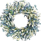 Egolot 26 Inch Summer Spring Blue Ivory Lavender Flower Wreath for Front Door, Rustic and Farmhouse Wild Flowers Wreath for Inside and Outside, Coastal Blue Home Decorating
