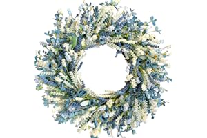 Egolot 24 Inch Summer Spring Blue Ivory Lavender Flower Wreath for Front Door, Rustic and Farmhouse Wild Flowers Wreath for Inside and Outside, Coastal Blue Flower Wreath for Home Decorating