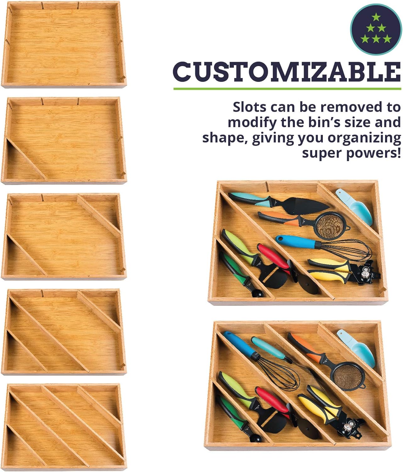 Diagonal Space Saving Bamboo Drawer and Cabinet Organizer Divider fits Drawers 17” X 12” X 2.5” by Eco Kitchenware: Home Improvement