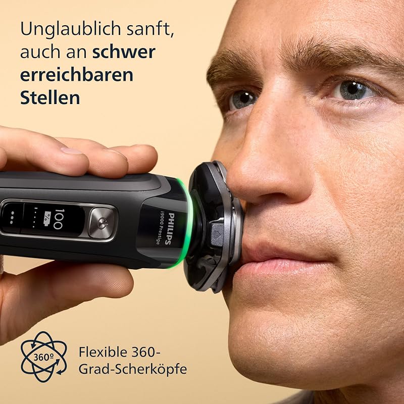 Rasierer i9000 Prestige, elektrischer Nass- und Trockenrasierer für Herren mit integriertem Trimmer, schwarz, Drucksensor, Reinigungsstation, Ladestation und Reiseetui (Modell XP9207/30)