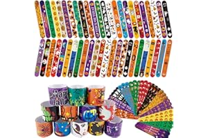 SUNPROUND Halloween Slap Bracelet,100Pcs Slap Bracelet Wristbands with Spider Pumpkin Ghost Zombie Bat Witches Design Snap Bracelet for Kids Party Favors Toys Prizes Goodie Bags Fillers
