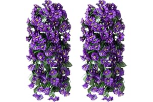 HOPPWODD Artificial Fake Hanging Plants Flowers Vines for Outdoor, 2pcs Faux Silk Realistic Purple Morning Glory Long Stems UV Resistant for Spring Home Porch Patio Balcony Outside Party Decor