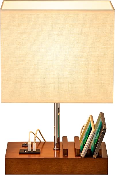 Briever Walnut USB Bedside Table Lamp with 3 USB Ports and Dock