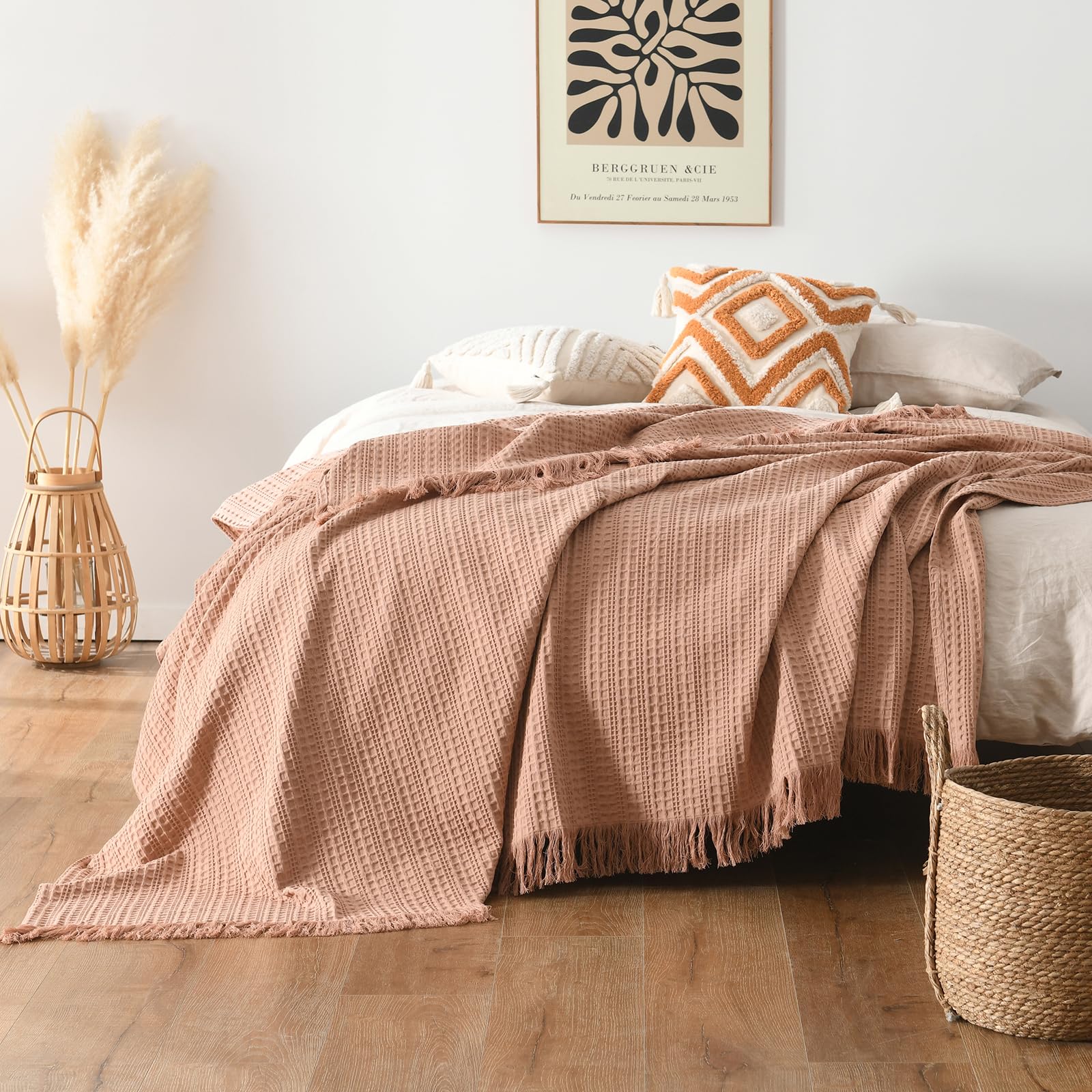 Photo 1 of 100% Cotton Waffle Blanket with Fringe, Pre-Washed Waffle Weave Blanket for All Season, Lightweight Breathable Soft Cozy Throw Blanket for Couch, Bed, Travel (Dusty Pink - 66x90 Inches)