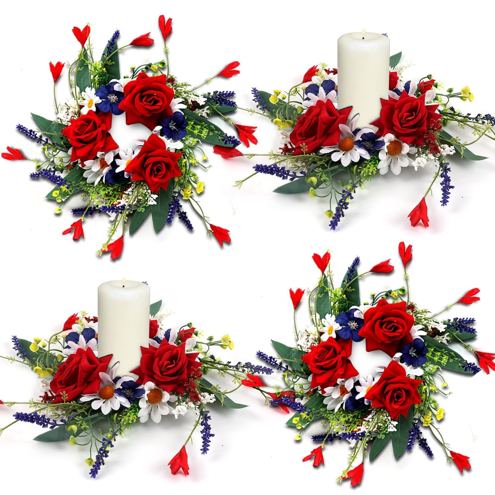 Photo 1 of 4 Pcs Veterans Day Red White and Blue Candle Rings 3 Inch Patriotic Pillars Candle Wreaths Mini Floral American Wreath 4th of July Independence Day Rings Wreaths for Table Window Door Decor
