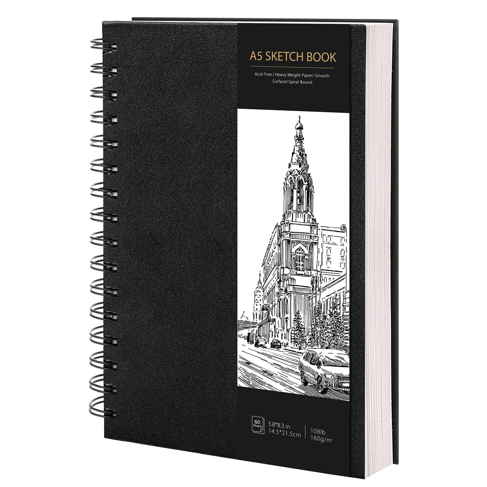 A5 Sketchbook, Spiral Hardcover Sketch Book, 160gsm Thick Paper Art Book, Drawing Pad for Sketching Art Projects, 60 Sheets / 120 Pages Sketch Pad A5 for Artists