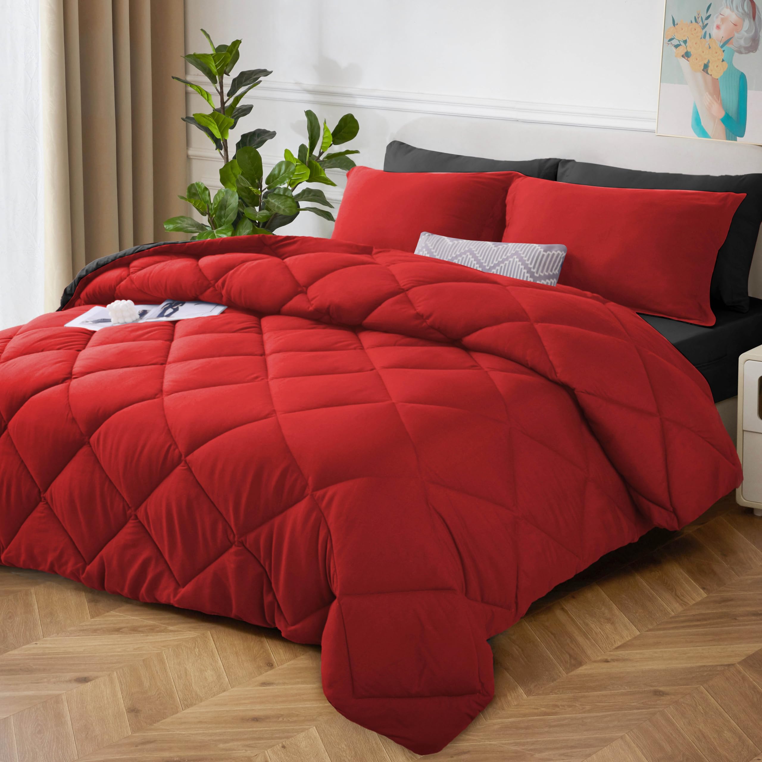 Photo 1 of **ITEM IS BLACK NOT RED**
HIG Reversible 7-Piece Full Comforter Set – Red Quilted Down Alternative Bedding Set, All-Season Super Soft Microfiber Bed in a Bag Comforter Sets with Sheets, Pillowcases & Shams, Black