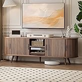 OtterOasis 62" Fluted TV Stand, Mid Century Modern TV Stand for TVs up to 70", Entertainment Center with Storage, Sliding Doors, Adjustable Shelf, Wood Media Console for Living Room, Bedroom, Walnut