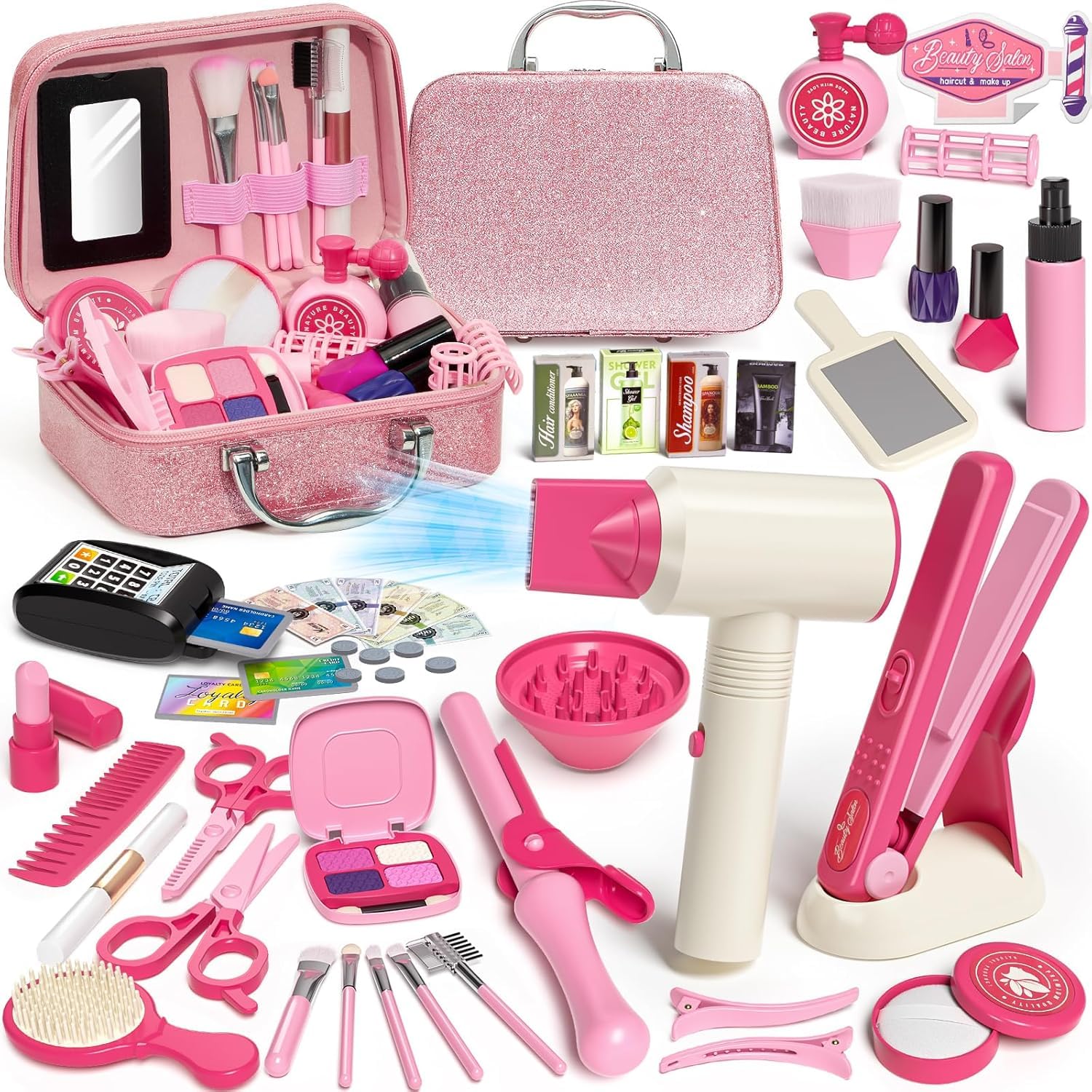 RedCrab Kids Beauty Salon Toy Set, Girls Hair Salon Stylist Pretend Kit, Make Up Playset Includes Kids Hair Dryer, Comb, Makeup Bag and Other Accessories, 3-8 Years for Children