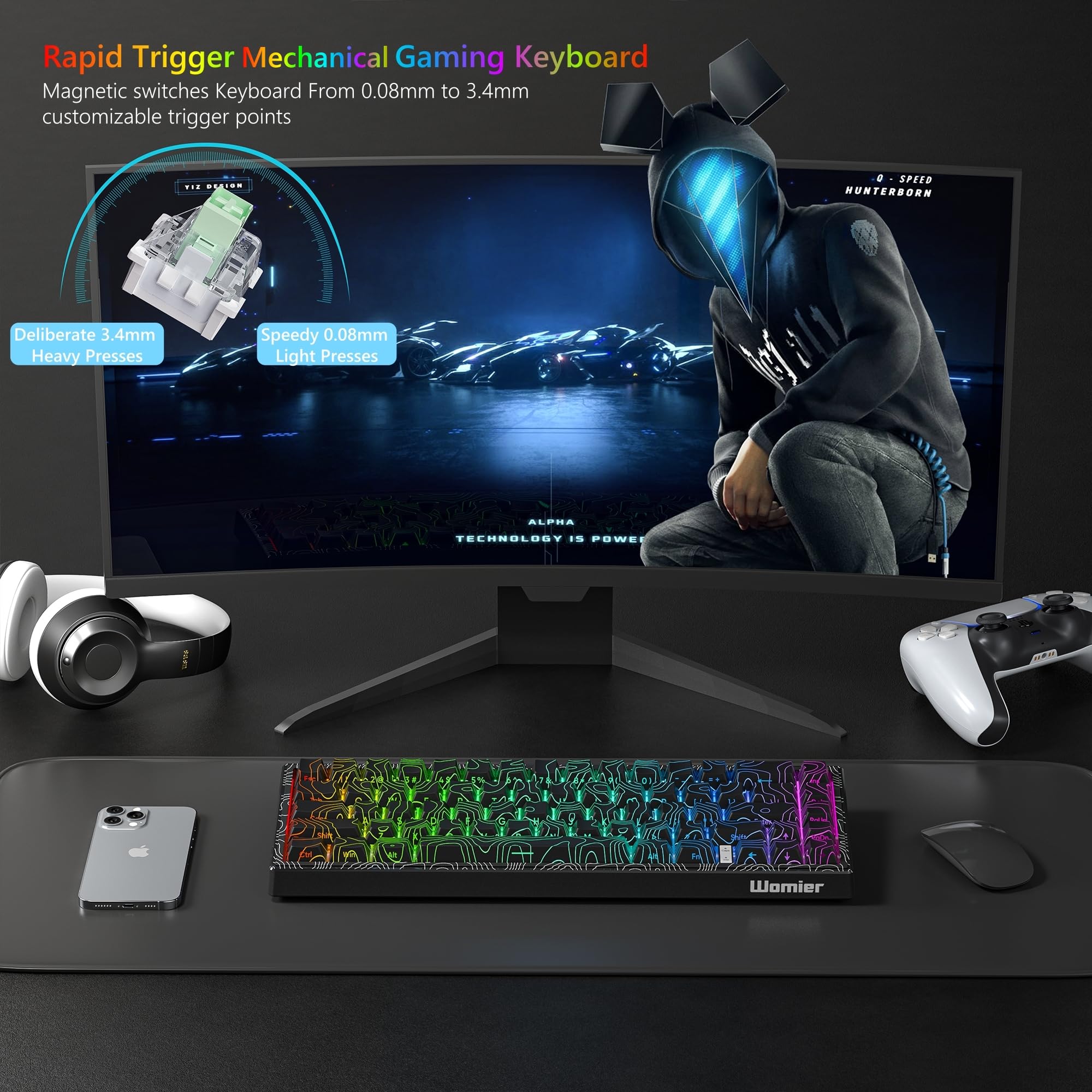 Womier M68 HE V2 Rapid Trigger Keyboard 60% Percent, Hall Effect Topographic Gaming Keyboard, Wired RGB Custom Mechanical Key Board with Magnetic Switch, PBT Keycaps for Mac/Win (Black)
