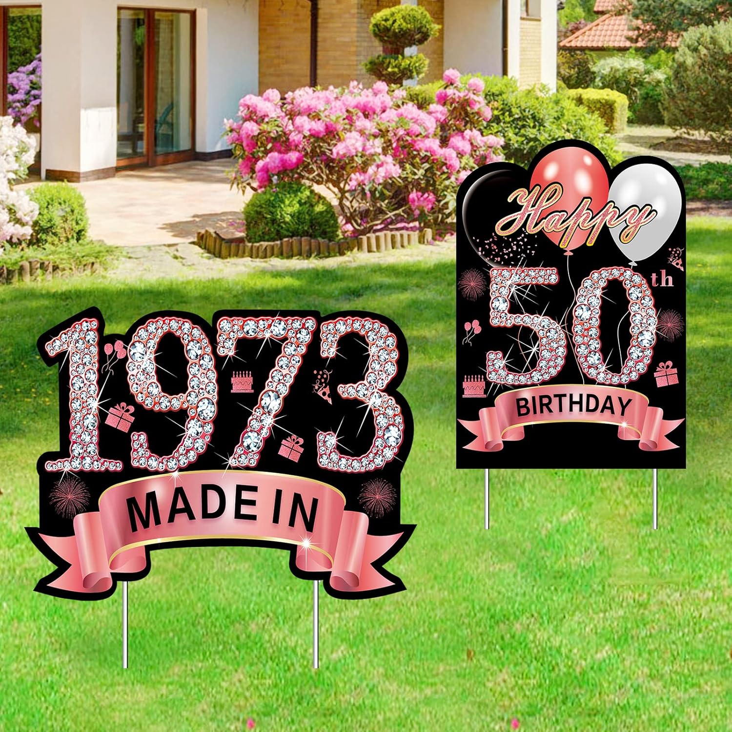 Yard Signs - 2Pcs 50th Birthday Yard Sign Decorations for Women, Rose Gold Happy 50th Birthday Made in 1973 Lawn Sign Party Supplies, Happy Fifty Year Old Birthday Yard Decor with Stakes