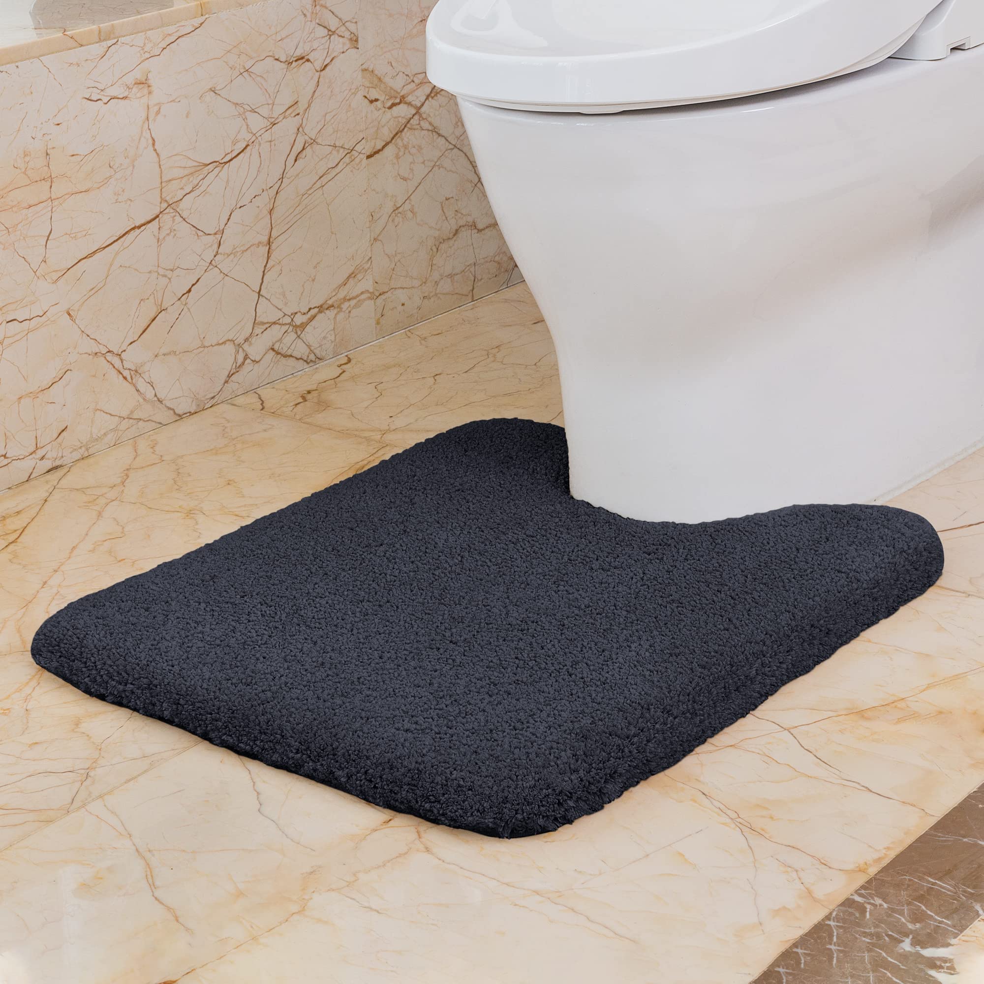 VANZAVANZU Non Slip Toilet Mat Thickened Pedestal Mat for Toilet Absorbent Ultra Soft Bathroom Toilet Rug Fluffy Microfiber Bath Mat, Quick-drying, Machine Washable - 50 x 60cm U Shape (Black)