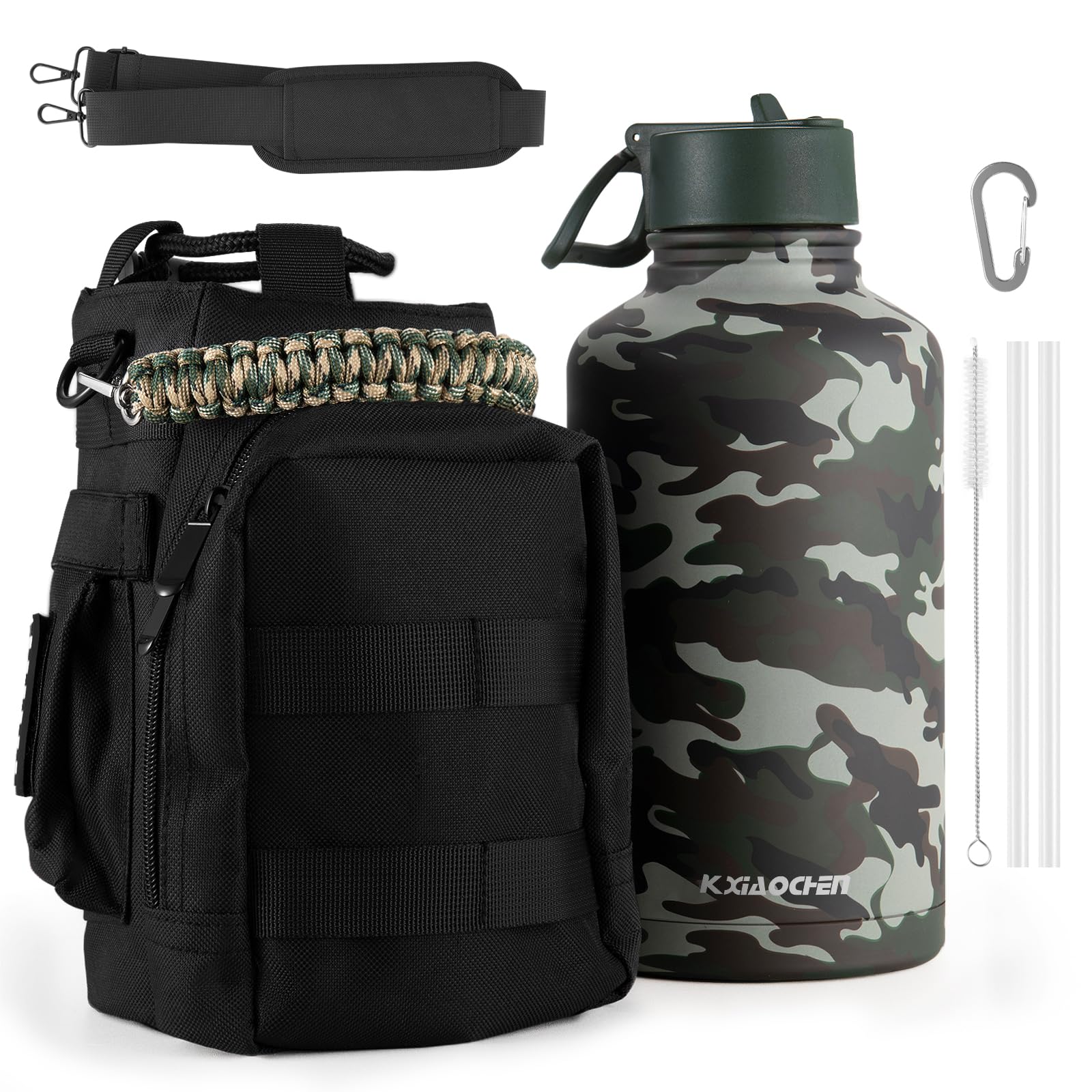 KXIAOCHEN 64 oz Insulated Water Bottle With Strap, Cold For 48 Hrs Leak Proof, Triple Wall Stainless Steel Sports Water Bottle With Straw And Spout Lid For Gym Hiking Travel Image