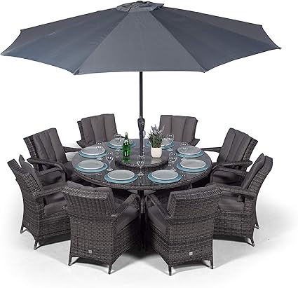 Arizona High Quality Rattan Garden Furniture Set Round Polyrattan Garden 8 Seater Set Grey Dining Set With 8 Chairs Garden Table Parasol Rotating Table Balcony Furniture Set Lounge Set With Cover